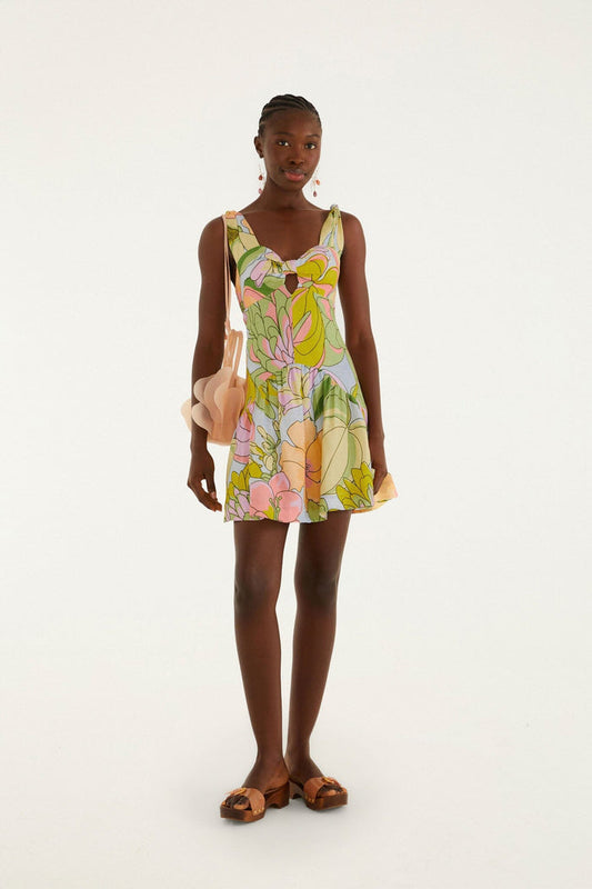 FARM Rio model wearing the Light Blue Spring Affair Cut-Out Euroflax Premium Linen Mini Dress