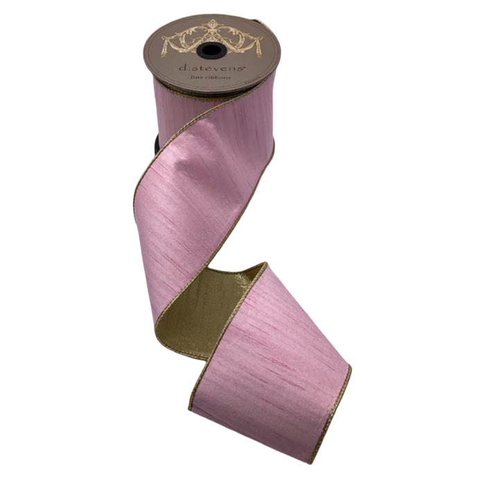 Light pink slub dupioni ribbon with metallic gold backing and gold edging, 4 inches wide, shown in loose folds for Christmas trees, bows, wreaths, garlands, and gift wrapping.