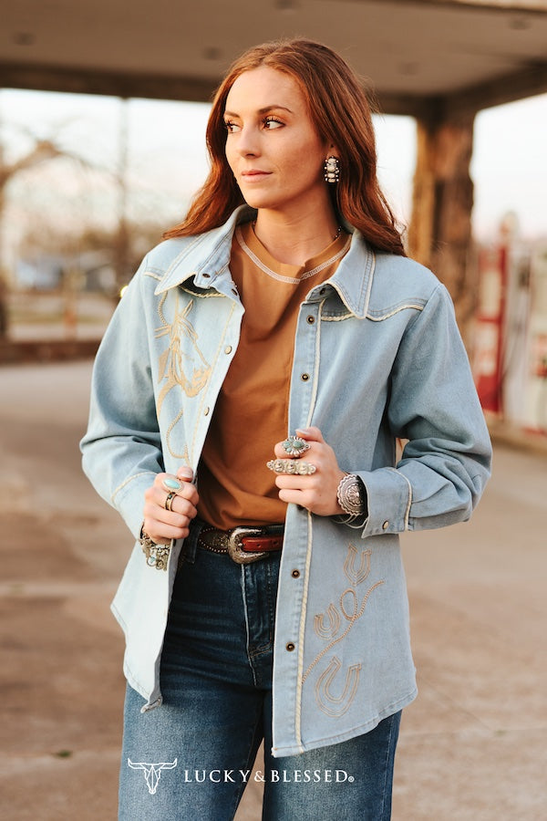 Light Wash Denim Camel Piping Embroidered Button Down Shirt