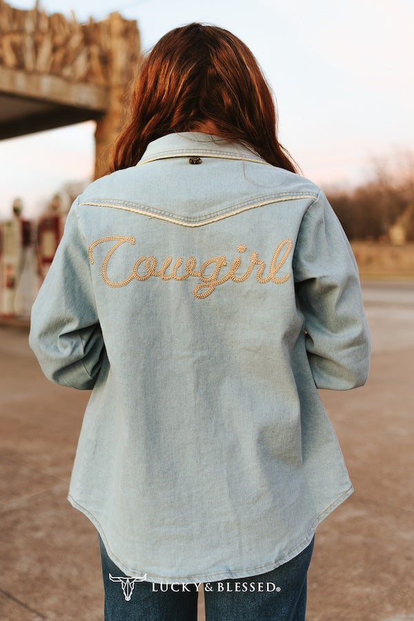 Light Wash Denim Camel Piping Embroidered Button Down Shirt