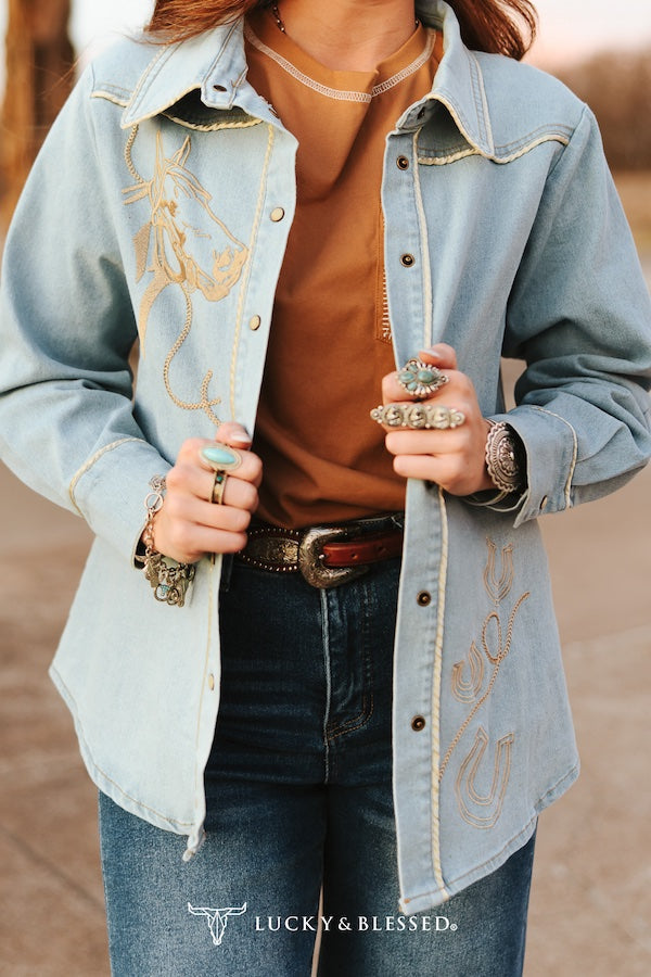 Light Wash Denim Camel Piping Embroidered Button Down Shirt