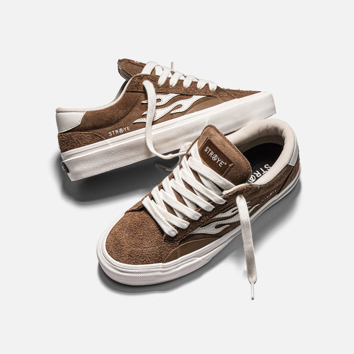 STRAYE Logan Brown Flame – angled lifestyle photo skate shoe
