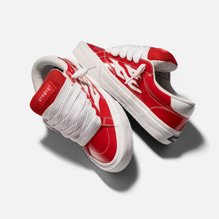 STRAYE Logan Puff Glossy Red – angled lifestyle photo skate shoe