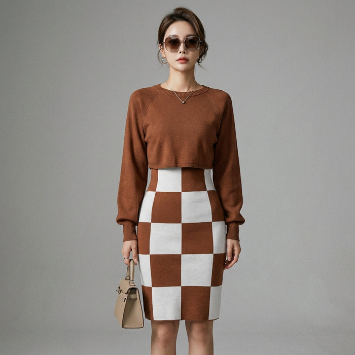 Ensemble jupe longue à carreaux et blouse tricotée manches longues - Koreanxwear - Taille One size