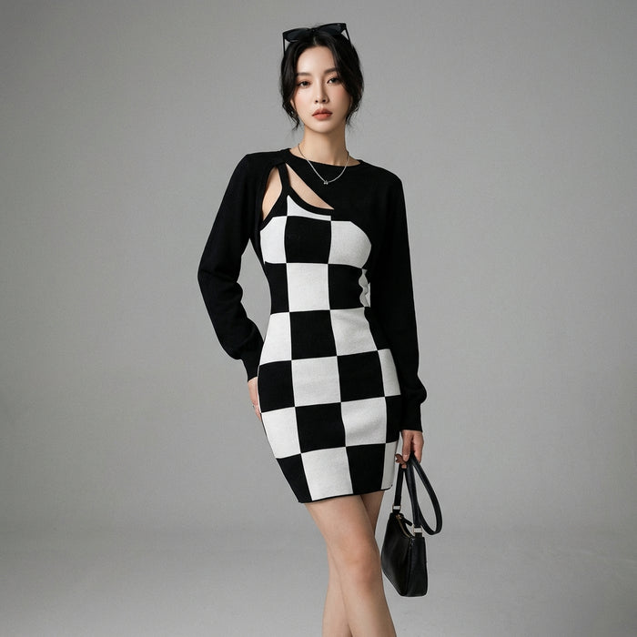 Ensemble jupe longue à carreaux et blouse tricotée manches longues - Koreanxwear - Taille One size