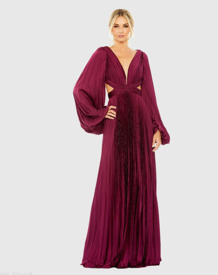Red Long Sleeve Pleated Charmeuse Cut Out Gown - Ieena for Mac Duggal