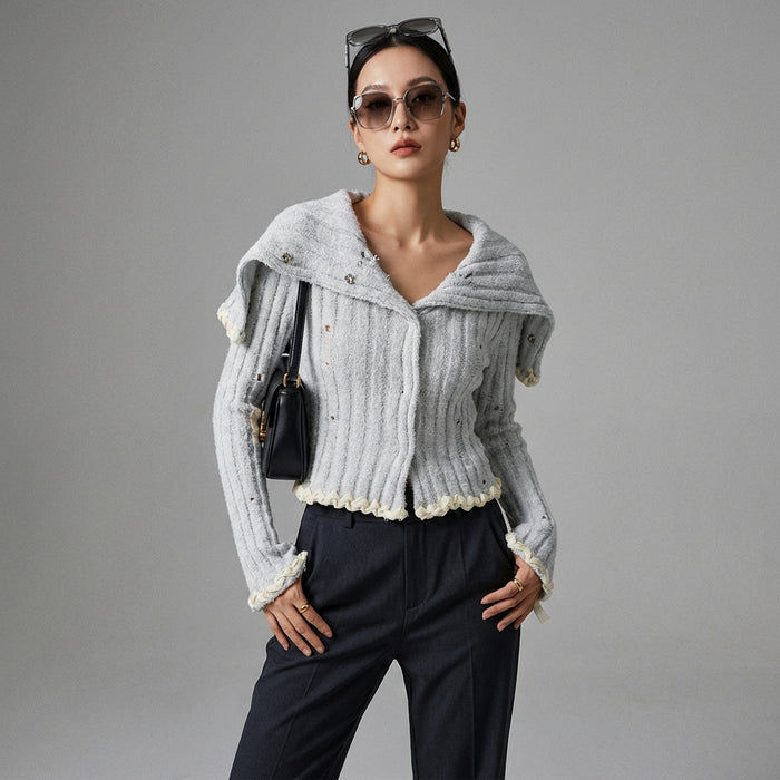 Cardigan tricoté noir femme, style K-fashion minimaliste. Idéal pour un look urbain chic. - Taille S