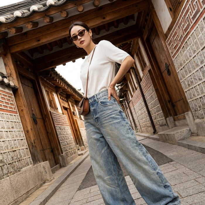 Jean ample homme effet délavé bleu - Koreanxwear