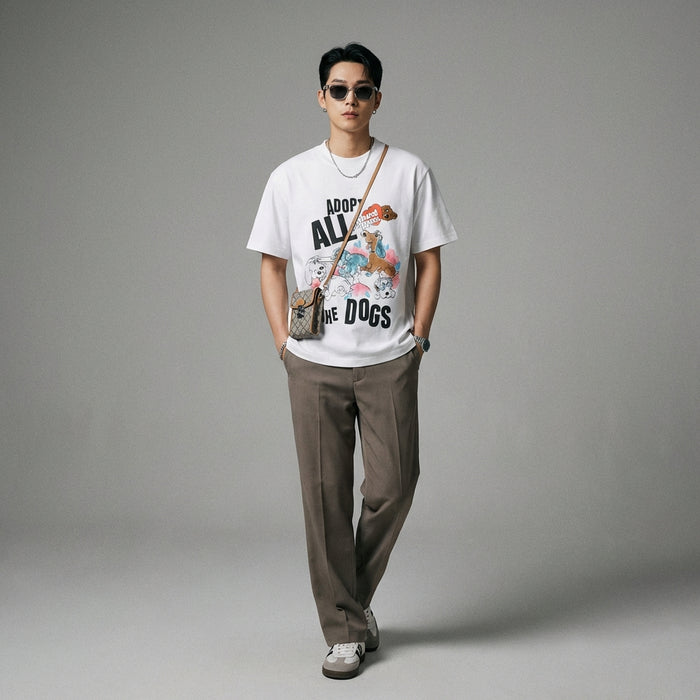 T-Shirt loose unisexe avec motif chien graffiti blanc - Koreanxwear - Taille M