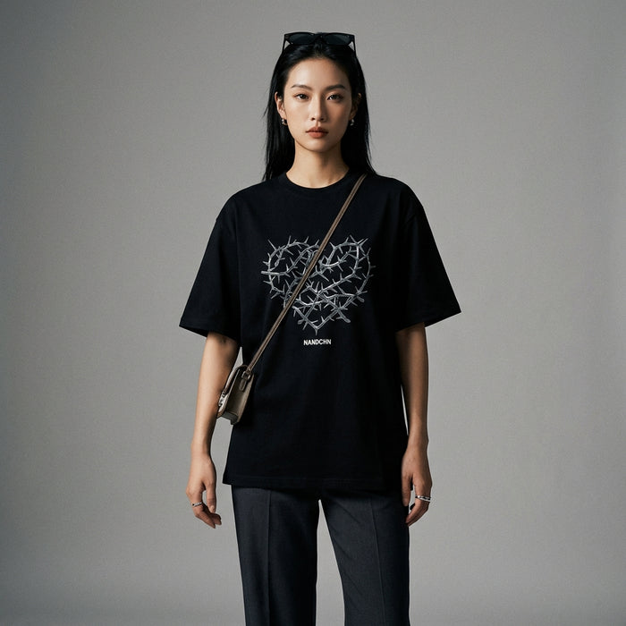 T-Shirt unisexe imprimé cœur noir et blanc - Mode K-fashion - Taille M