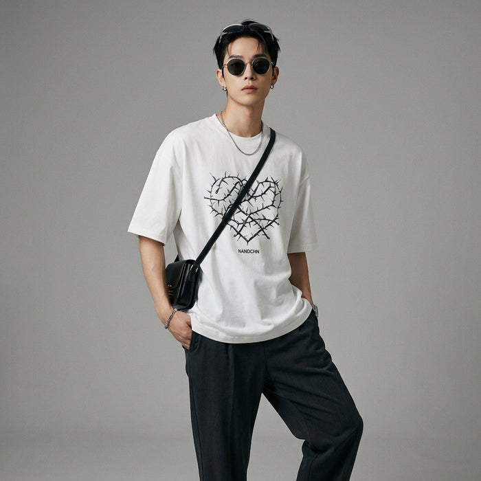 T-Shirt unisexe imprimé cœur noir et blanc - Mode K-fashion - Taille M