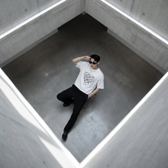 T-Shirt unisexe imprimé cœur noir et blanc - Mode K-fashion