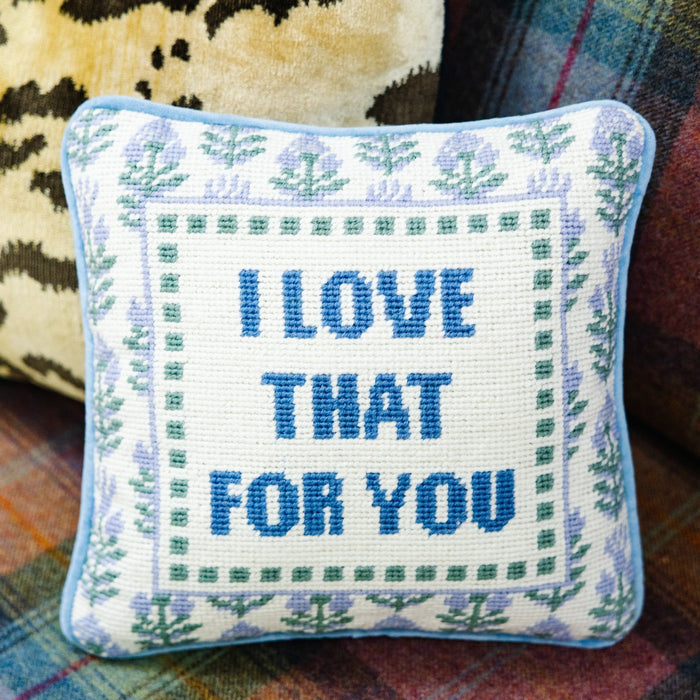Love That for You needlepoint pillow cover by Furbish Studio — styled with other decorative pieces; other items are separate