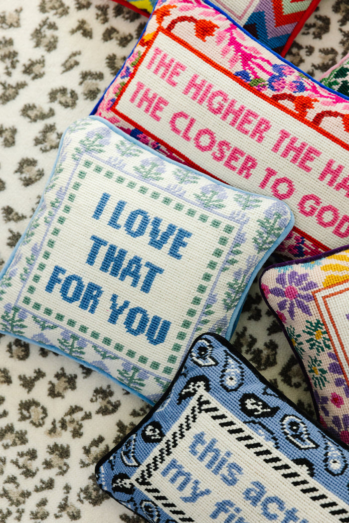 Love That for You needlepoint pillow cover by Furbish Studio — styled with other decorative pieces; other items are separate