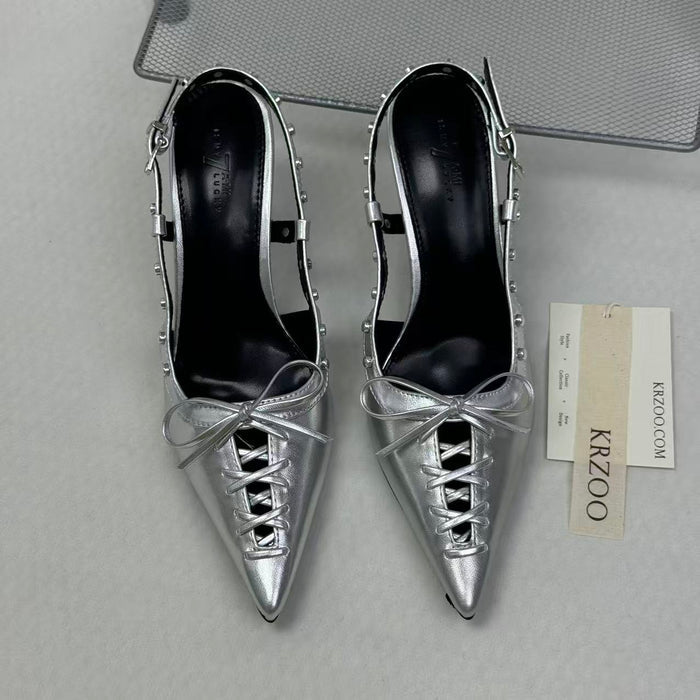 Low-cut hollowed-out lace-up low-heeled shoes
