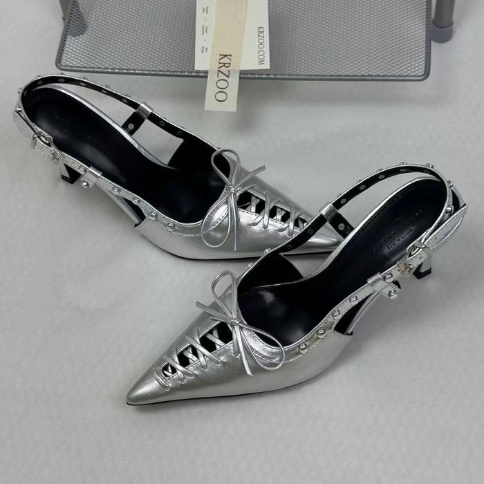 Low-cut hollowed-out lace-up low-heeled shoes
