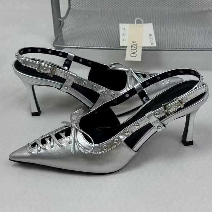Low-cut hollowed-out lace-up low-heeled shoes