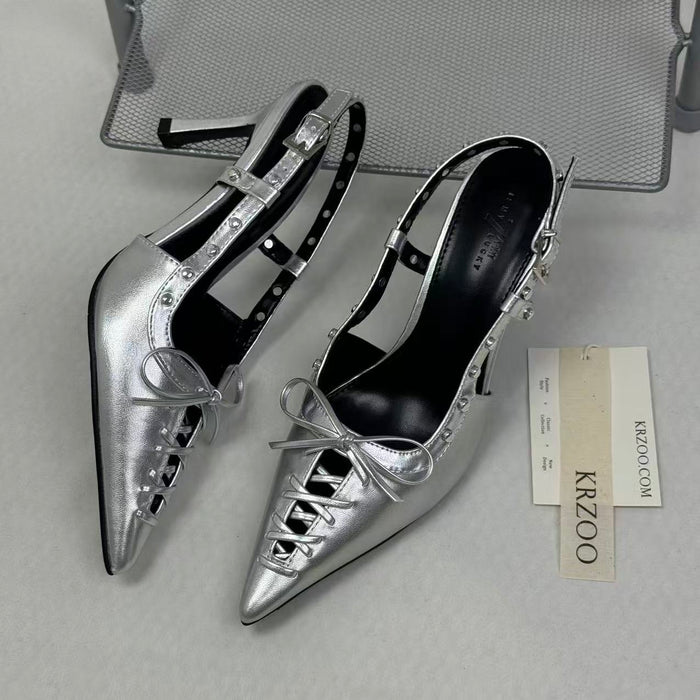 Low-cut hollowed-out lace-up low-heeled shoes