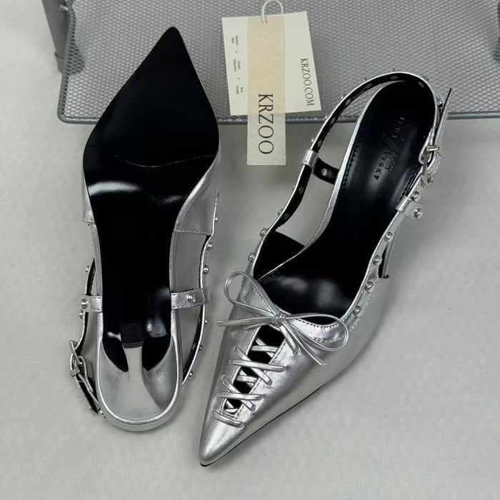 Low-cut hollowed-out lace-up low-heeled shoes