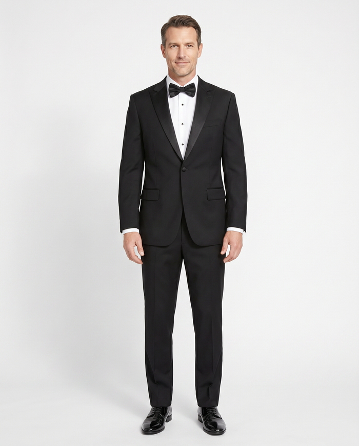 Manzini Mens Black 100% Wool Classic Fit Tuxedo Suit With Satin Peak Lapels - The Suit Depot