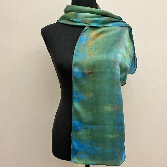 medium Ice Dyed Silk Satin Scarf - Turquoise Colorway