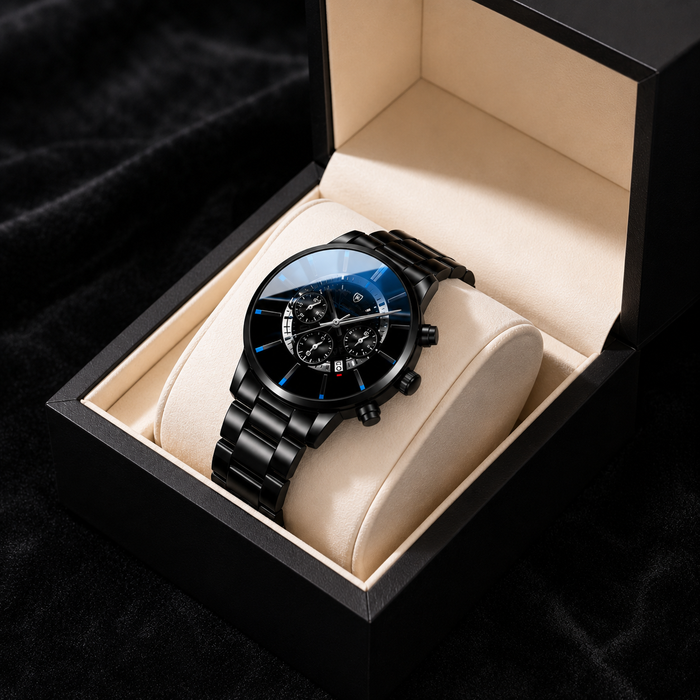 Men’s Black Stainless Steel Watch – Luxury Style Analog Wristwatch with Display Box
