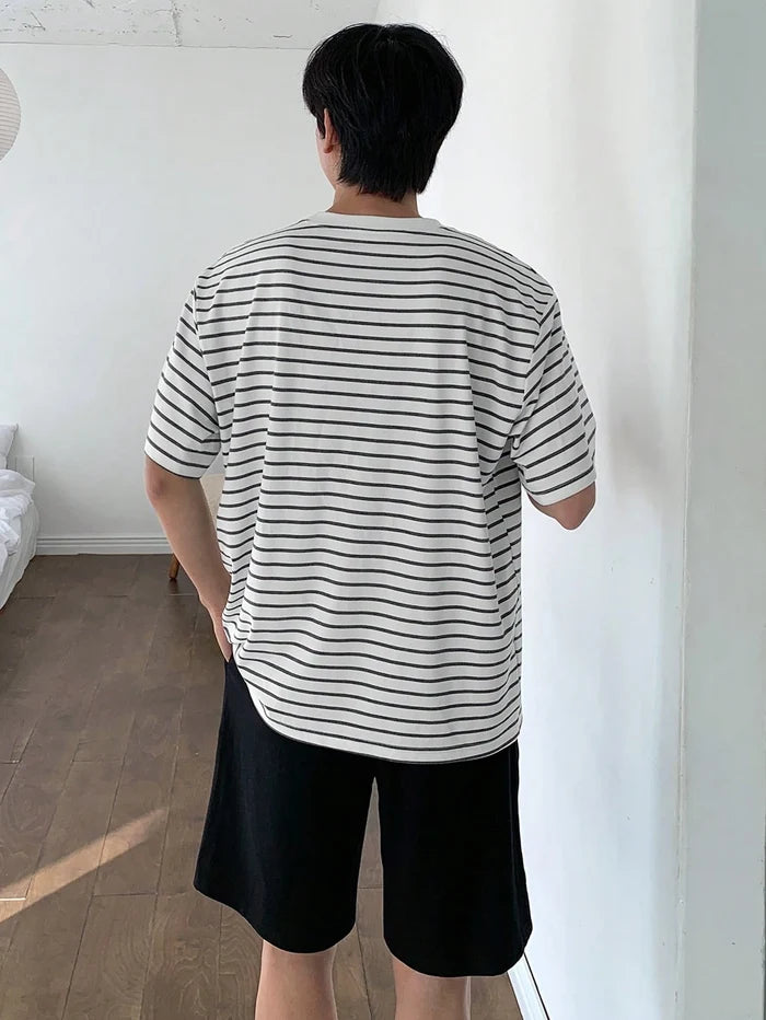 Men’s White Striped Oversized T-Shirt and Black Shorts Set