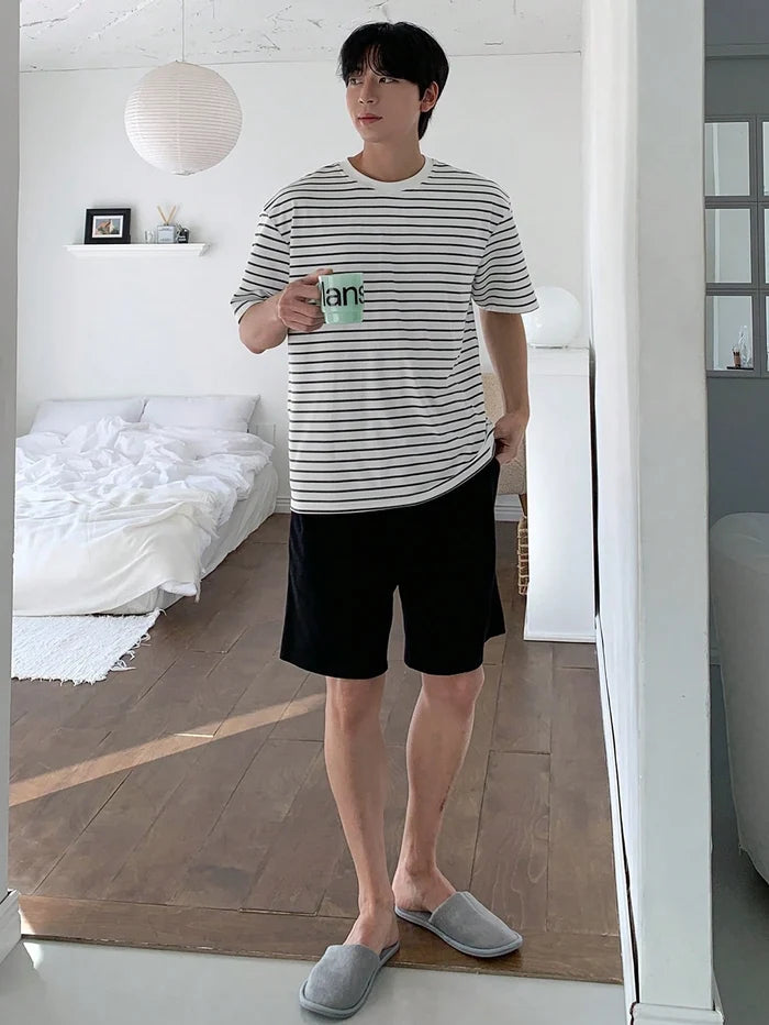 Men’s White Striped Oversized T-Shirt and Black Shorts Set