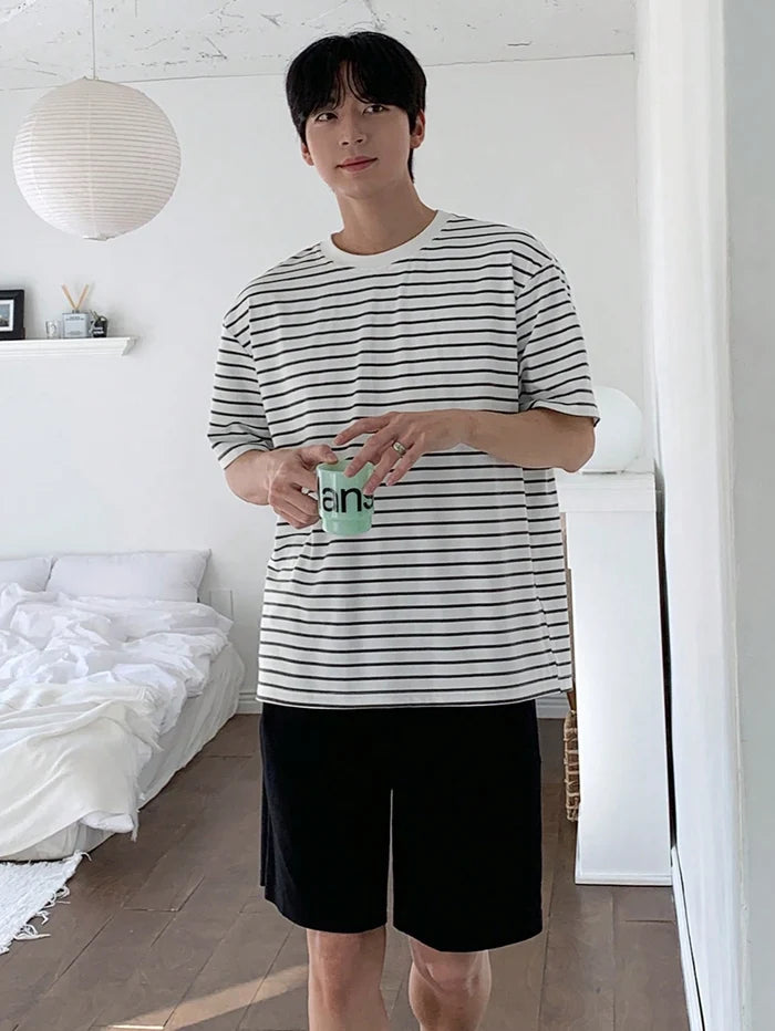 Men’s White Striped Oversized T-Shirt and Black Shorts Set