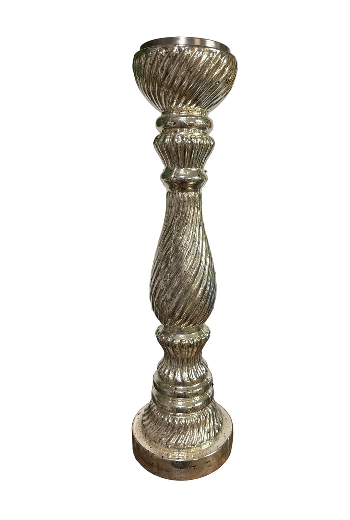 Mercury glass pillar antique silver candle holder | 19.75”