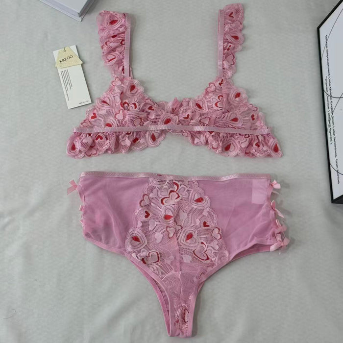 Mesh Heart Embroidery Hollow-Out Lingerie Set