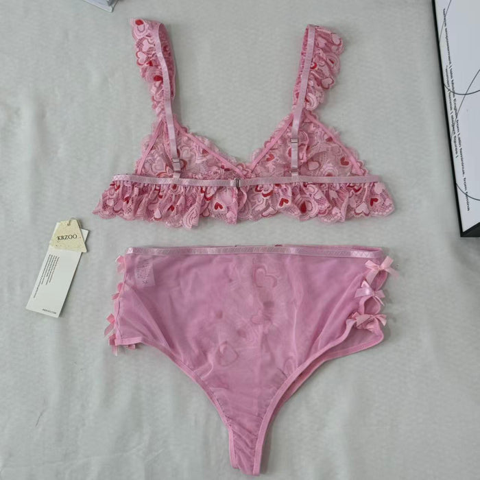 Mesh Heart Embroidery Hollow-Out Lingerie Set