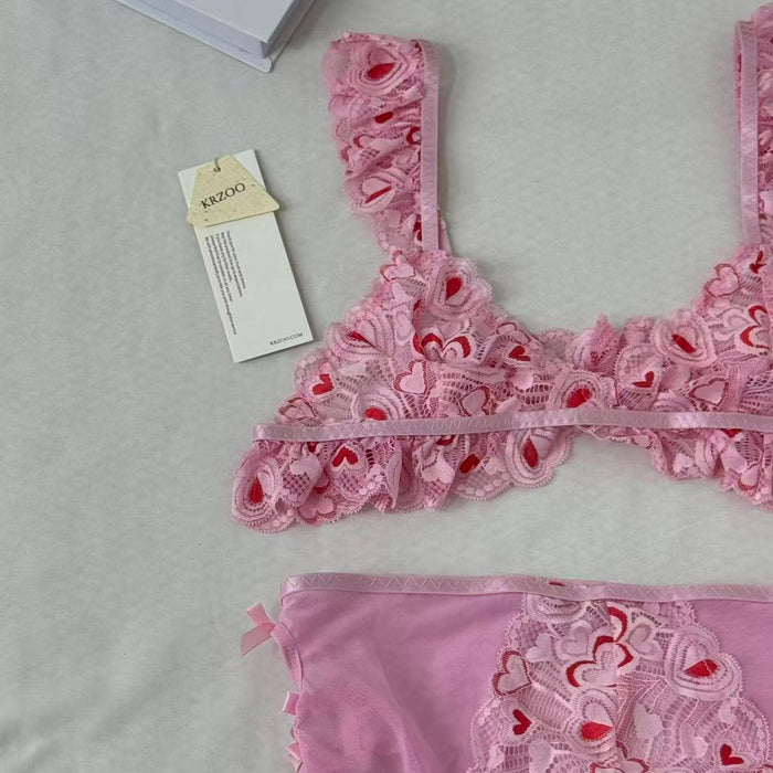 Mesh Heart Embroidery Hollow-Out Lingerie Set