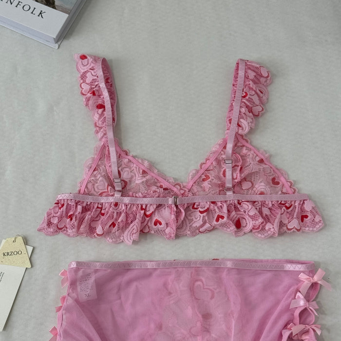 Mesh Heart Embroidery Hollow-Out Lingerie Set