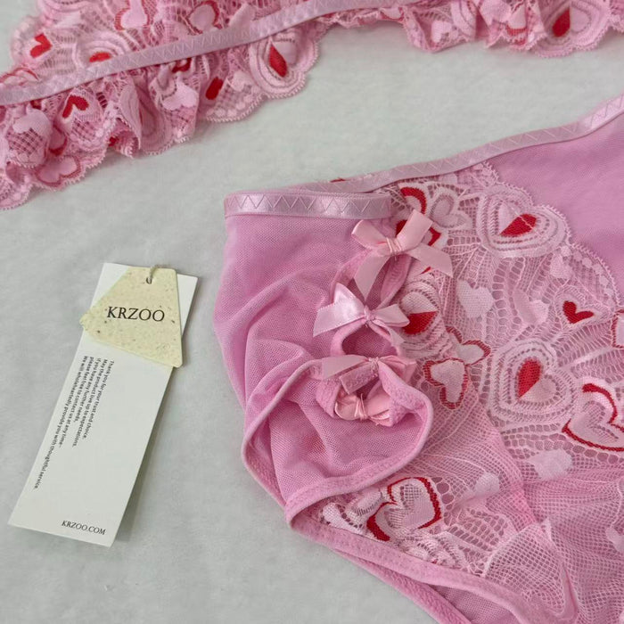 Mesh Heart Embroidery Hollow-Out Lingerie Set