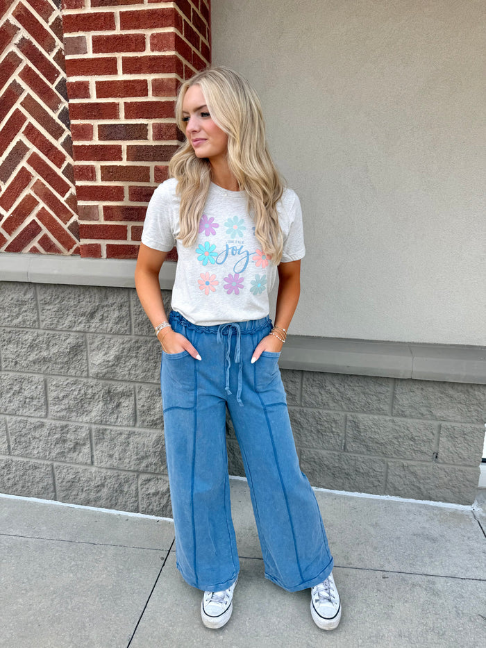 Mineral Wash Drawstring Retro High Waist Wide Leg Western Pants