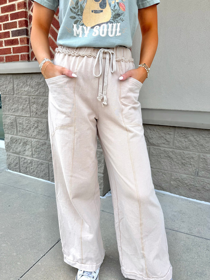 Mineral Wash Drawstring Retro High Waist Wide Leg Western Pants