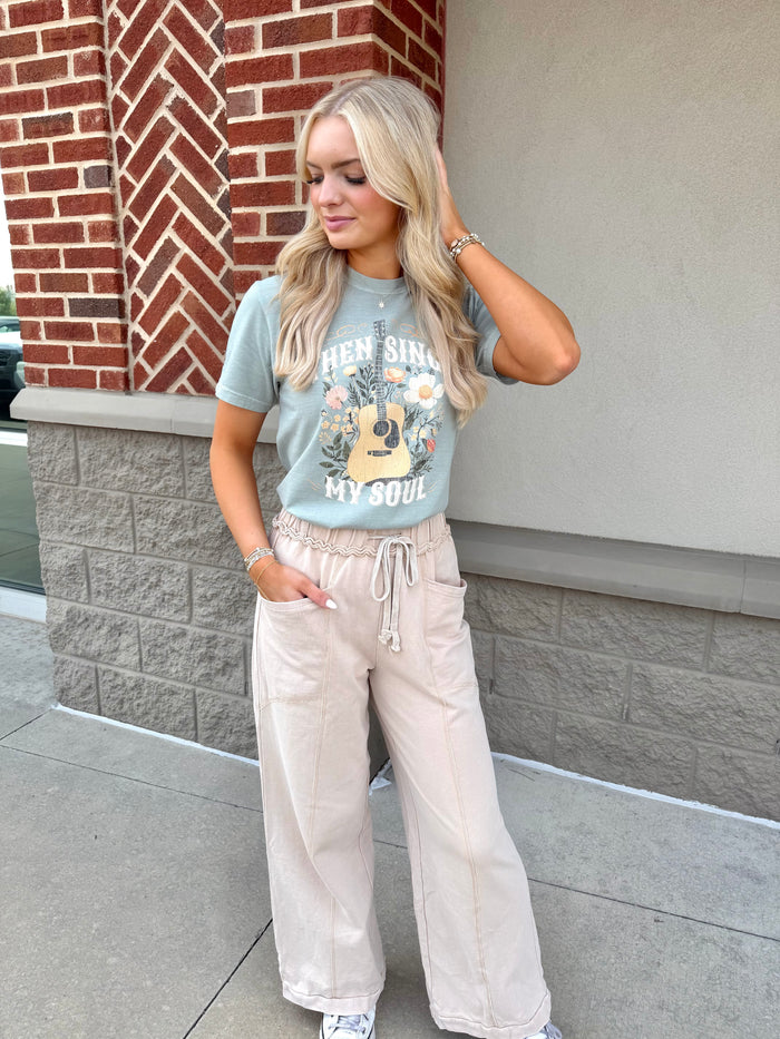 Mineral Wash Drawstring Retro High Waist Wide Leg Western Pants