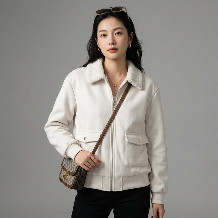 Veste zippée blanche col chemise - Mode Coréenne Minimaliste - Taille XS