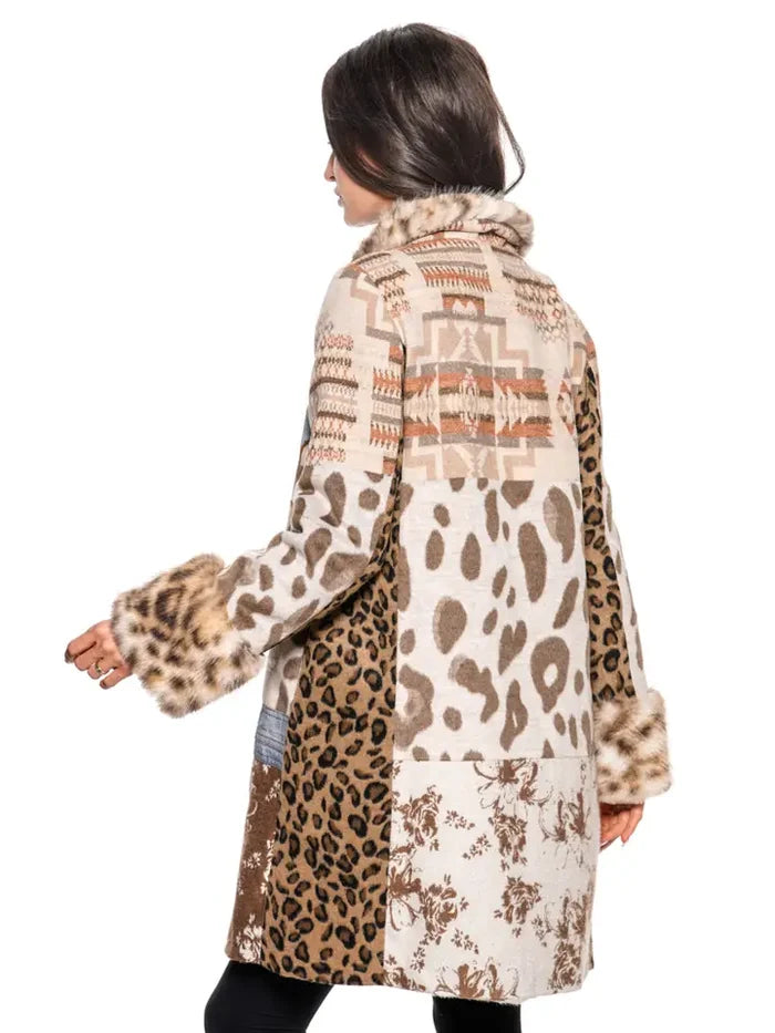 Mixed Media Faux Fur & Denim Trim Coat