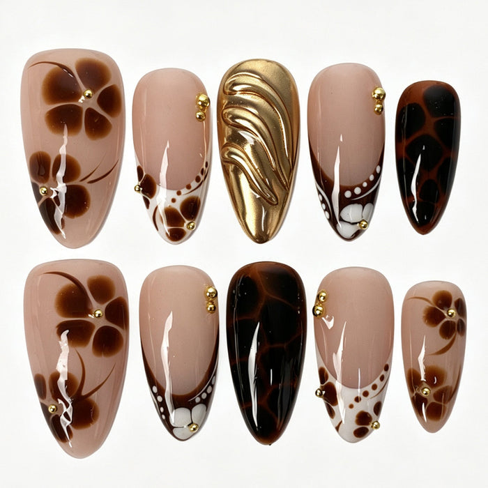 Handmade almond press on nails, nude pink brown flower gold bead white French tip tortoiseshell giraffe vintage false nails for women