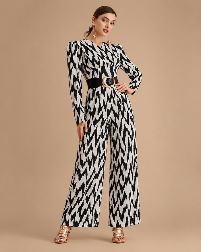 Monochrome Zigzag Wide Leg Jumpsuit for Women
