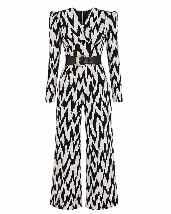 Monochrome Zigzag Wide Leg Jumpsuit for Women