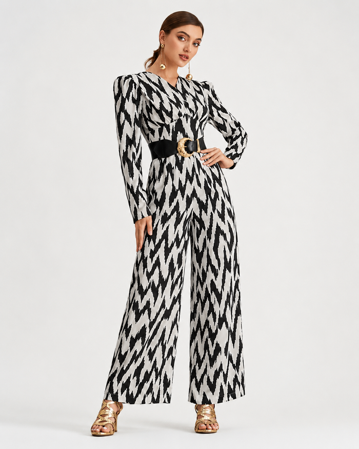 Monochrome Zigzag Wide Leg Jumpsuit for Women