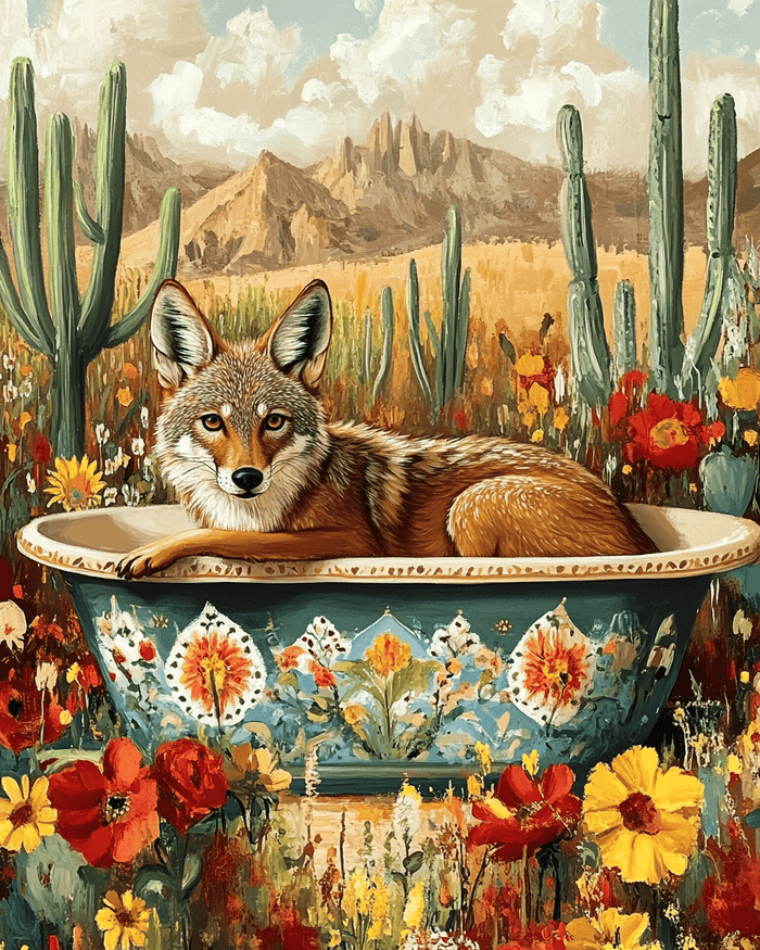 Mowbi - Coyote in a Bathtub - Southwest Bathroom Wall Art Prints – 8″x10″ Artwork for 11″x14″ Frame