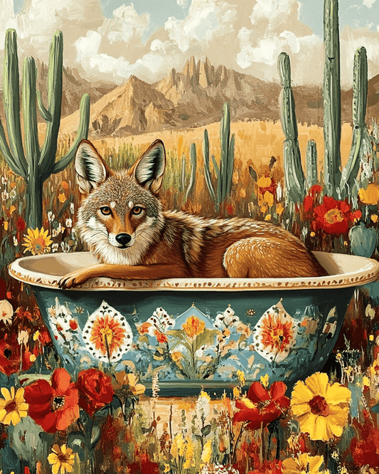 Mowbi - Coyote in a Bathtub - Southwest Bathroom Wall Art Prints – 8″x10″ Artwork for 11″x14″ Frame