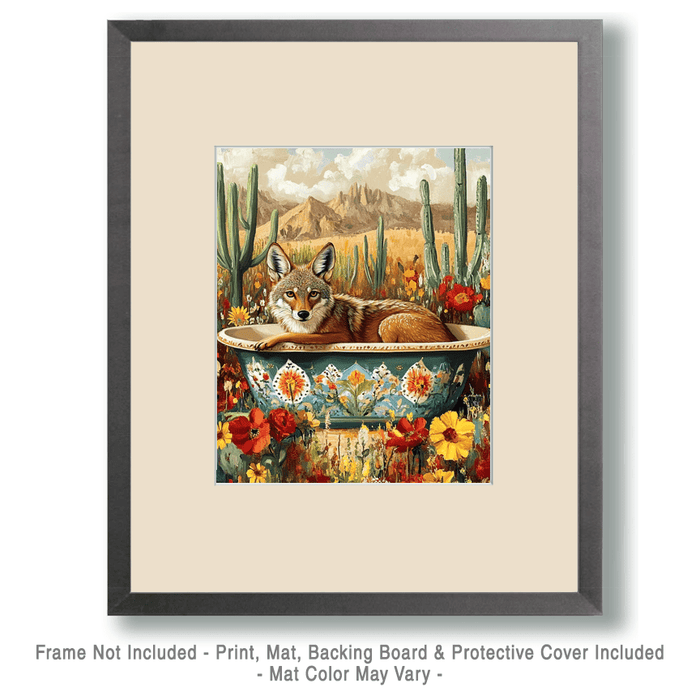 Mowbi - Coyote in a Bathtub - Southwest Bathroom Wall Art Prints – 8″x10″ Artwork for 11″x14″ Frame