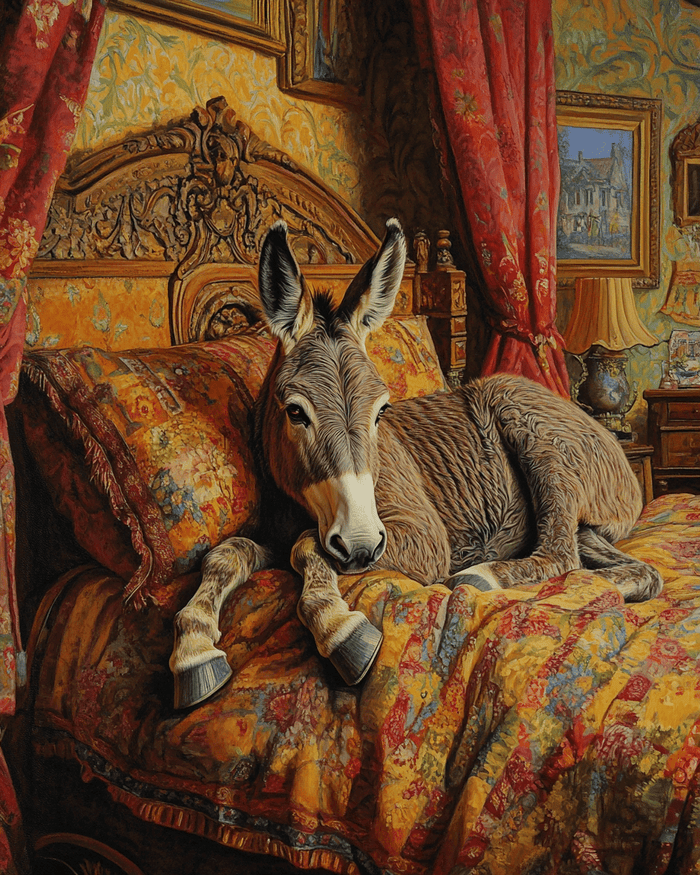 Mowbi - Donkey Lounging in Bed - Bedroom Art Prints – 8″x10″ Artwork in 11″x14″ Mat