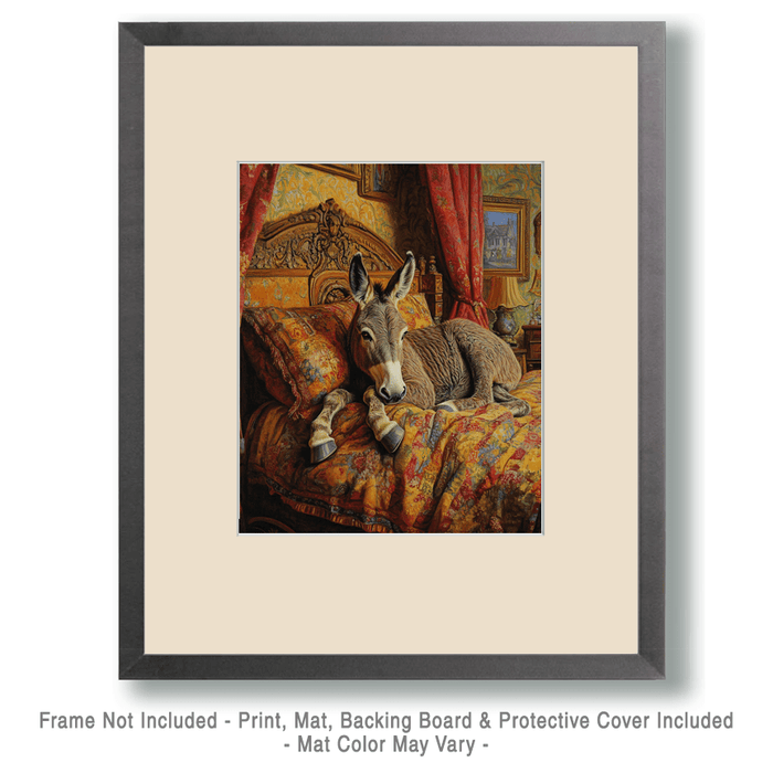 Mowbi - Donkey Lounging in Bed - Bedroom Art Prints – 8″x10″ Artwork in 11″x14″ Mat