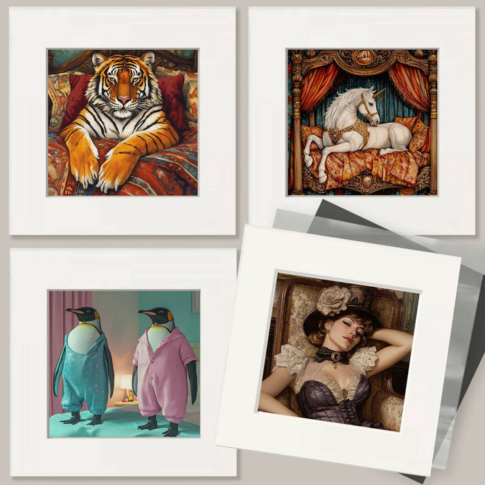 Mowbi - Donkey Lounging in Bed - Bedroom Art Prints – 8″x10″ Artwork in 11″x14″ Mat